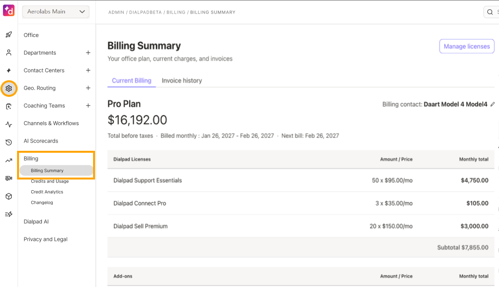 Billing summary showing total charges and detailed license costs for the Pro Plan.